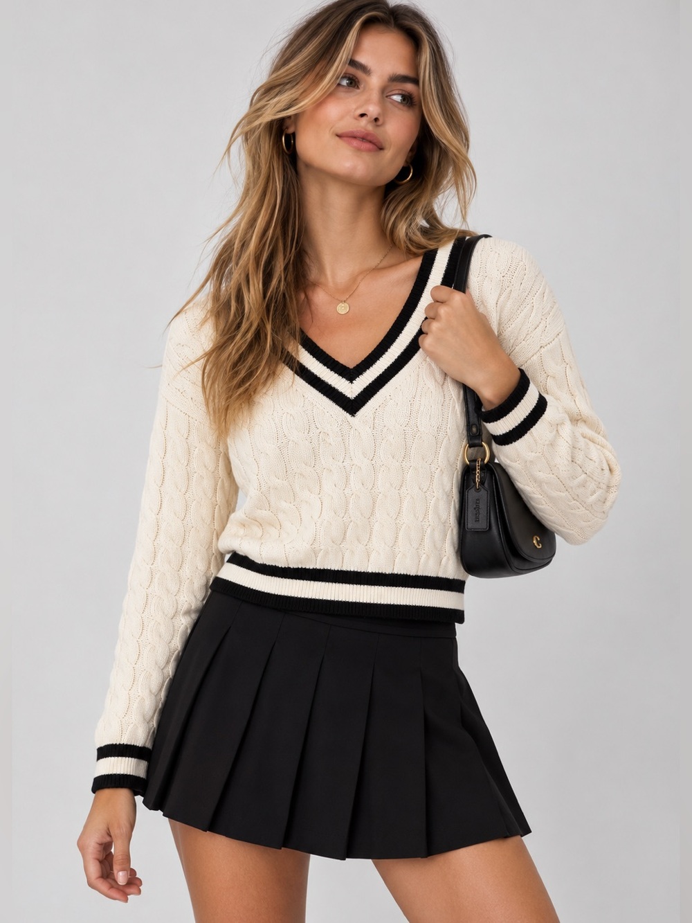 NWOT House of Harlow 1960 Cable Knit Varsity V Neck Cropped Sweater